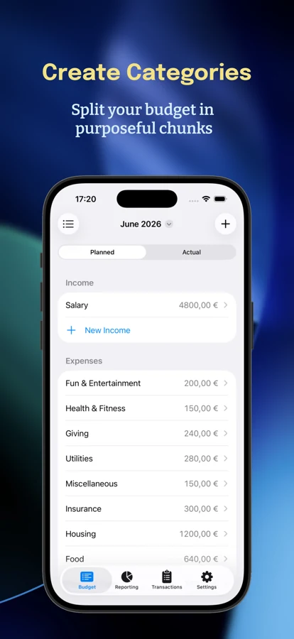 Budget Warden category screen listing income and expense categories with planned amounts for June 2026
