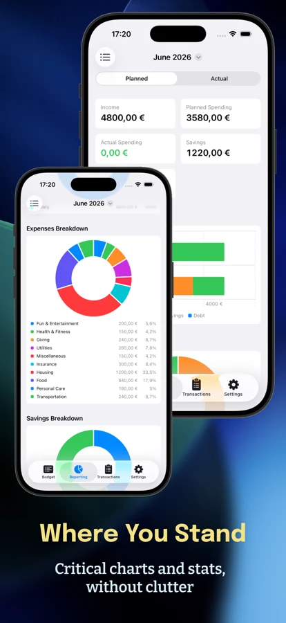 Budget Warden reporting screen with expense and savings breakdown charts
