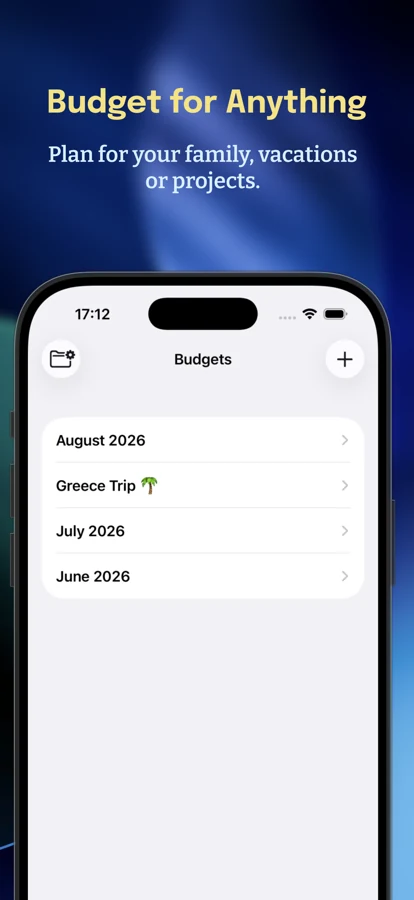 Budget Warden budgets list showing monthly budgets including a Greece Trip budget
