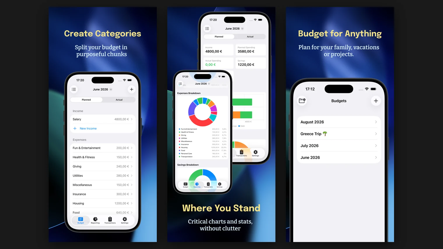 Three phone screenshots of the Budget Warden app showing budget categories, spending breakdown charts and saved budgets