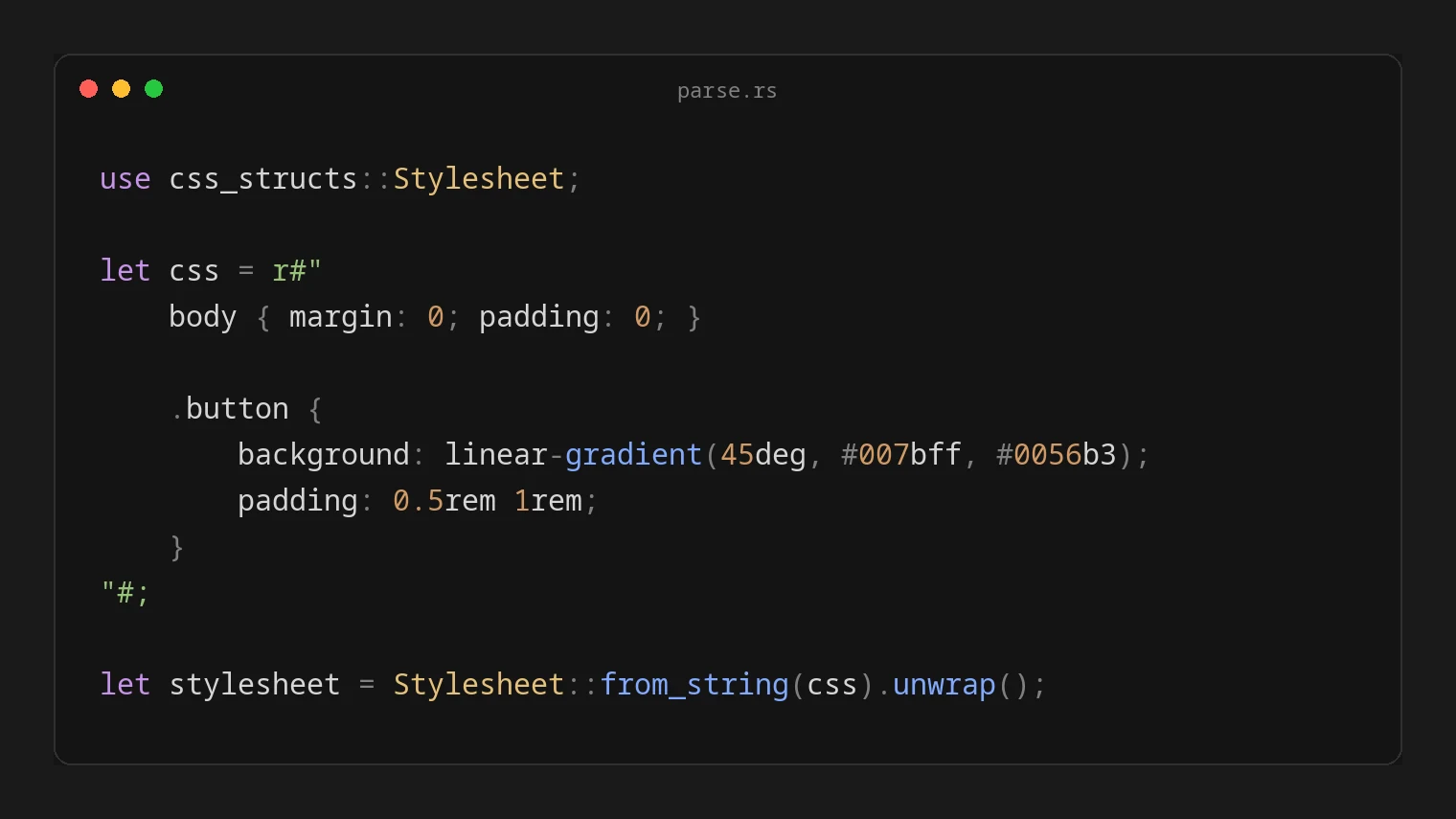 Rust code snippet using the CSS Structs library to parse a stylesheet and print the parsed rules