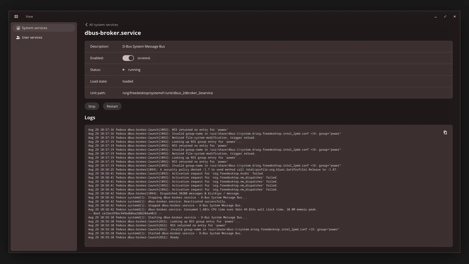 CTL Dash service details view showing the unit file, status controls and recent journal logs for a single systemd service