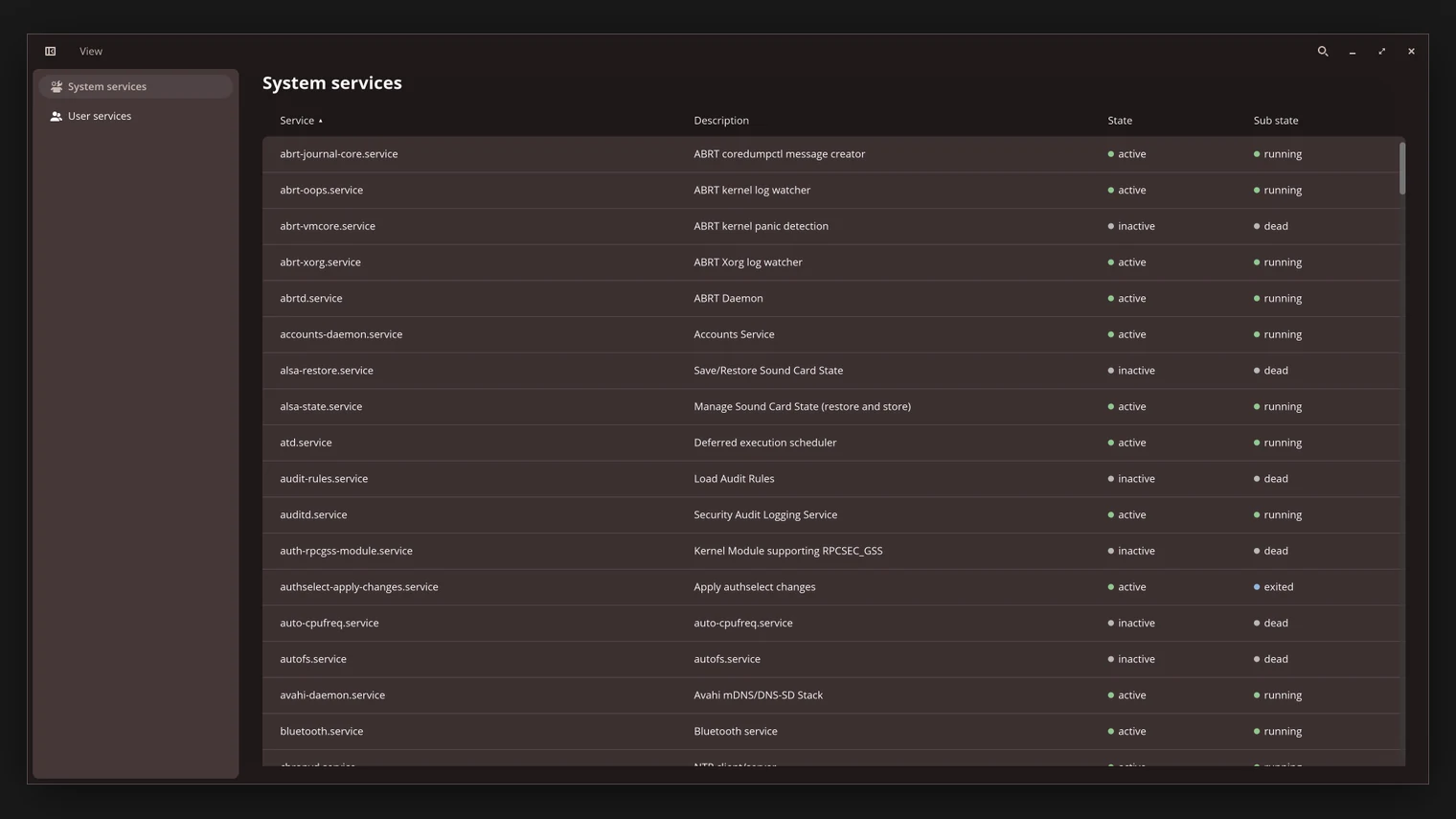 CTL Dash application window listing systemd system services with their descriptions, states and sub-states
