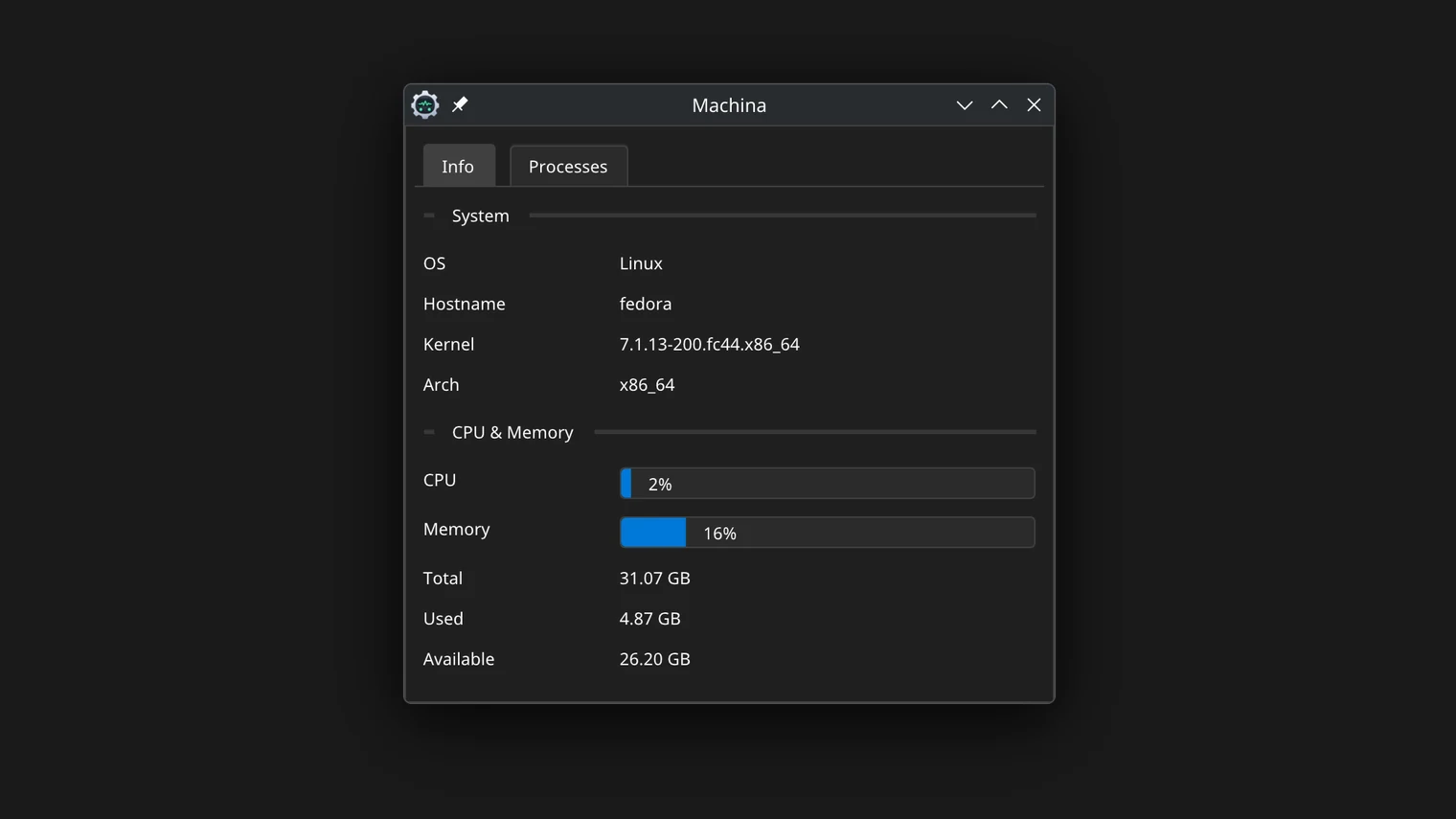 Machina application window showing system information for a Fedora Linux machine, including kernel version, architecture, CPU and memory usage