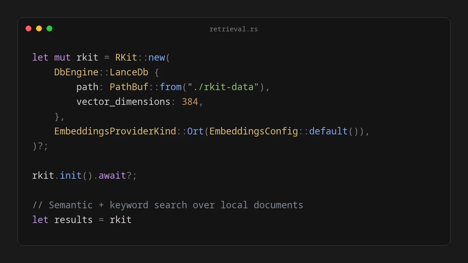 Code example creating an RKit instance with LanceDB storage and ONNX Runtime embeddings, then running semantic search